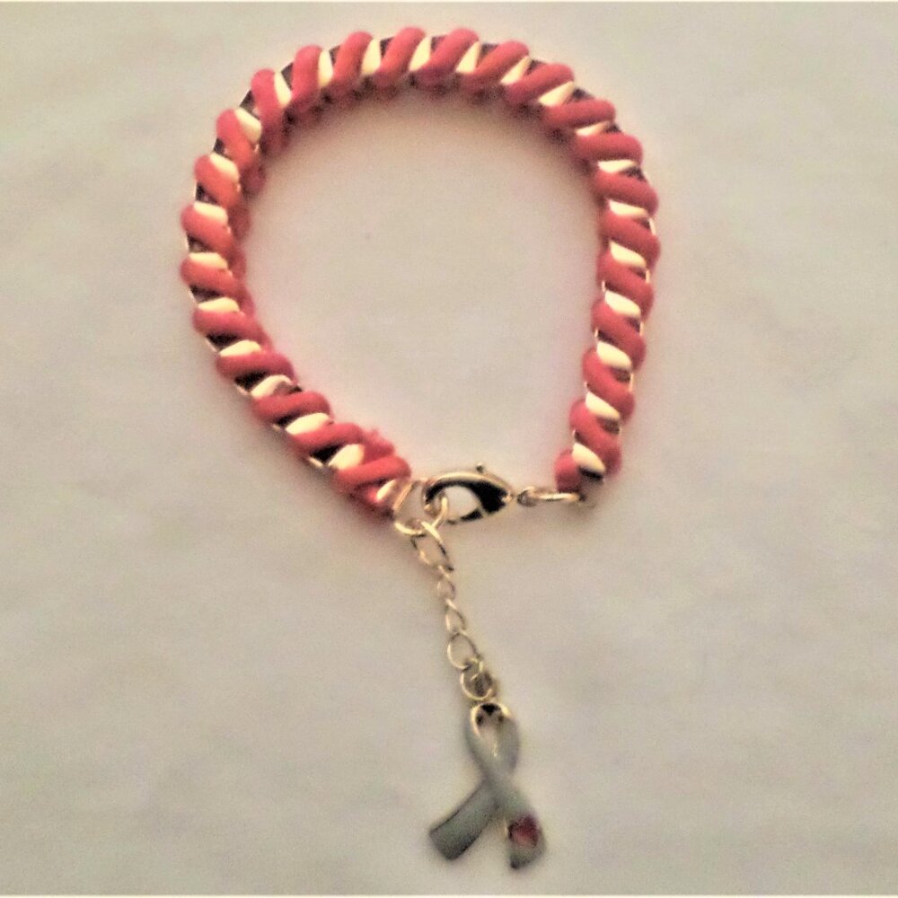 Venetian gold box links & persimmon satin bracelet + Diabetes ribbon charm